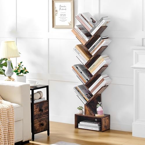 Hoctieon 9 Tier Tree Bookshelf, Tall Bookcase with Drawer, Wood Book Shelf, Modern Floor Standing Bookshelves, Book Orga