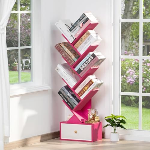SHEEPAM 8-Tier Tree Bookshelf Floor Standing Storage Bookcase with Drawer