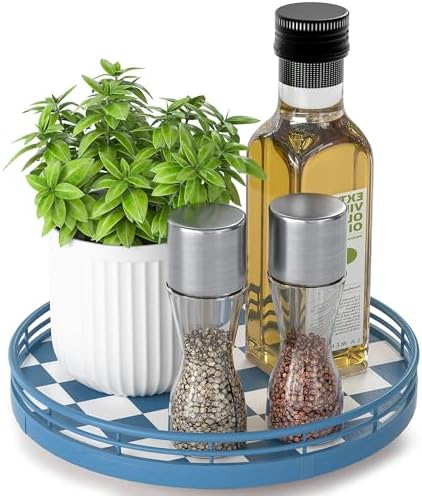Blue and White Checkerboard Lazy Susan with Rubberwood Base and Metal Rail