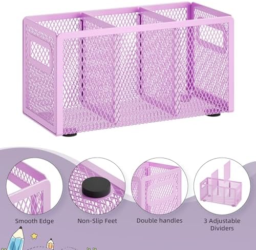 Marbrasse Mesh Pen Holder for Desk, Pencil Holder Desk Organizer 3 Adjustable Compartments, Pencil Cup with Handle Perfect for Classroom, Office, Home, Makeup, Art (Purple)