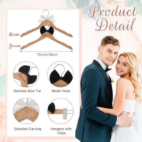 Beeveer 3 Pcs Groom and Bride Wooden Hanger with Clips, Bow,Wood Color