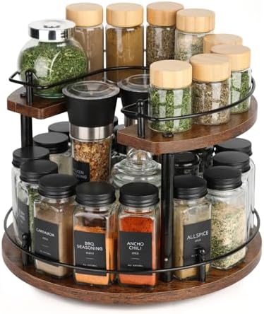 Turntable Lazy Susan Organizer Spice Rack, 2Tier Wooden Spinning Revolving Organizer Height Adjustable,12'' Seasoning Ro