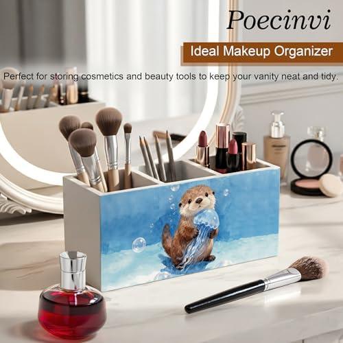 Coastal Beach Sea Otter Pen Holder for Home Kids Room Desk, Otter Lover Gifts, Coastal Ocean Wildlife Nursery Wooden Box Sign Pencil Holder for Desk Shelf Organizer