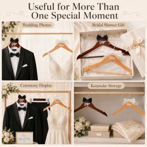 3 Piece Bride and Groom Hangers, Wooden Formalwear Display Set