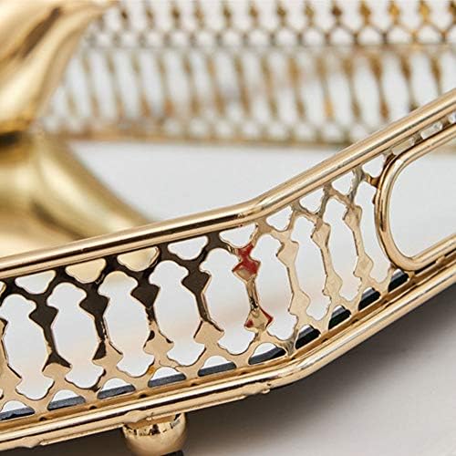 Vintage Gold Mirror Tray,Round Shape(12.6in) Ornate Geometric Brass Plated and Glass Display Storage Organizer,Jewelry P