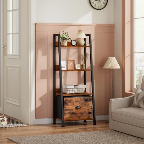 Furologee 4 Tier Ladder Shelf, Small Bookshelf with Drawer, Rustic Brown