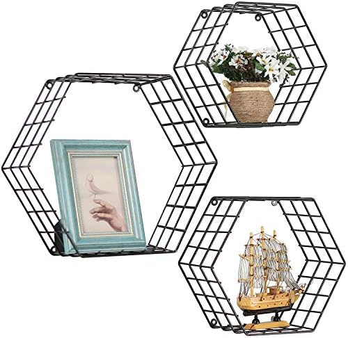 MyGift Black Metal Wall Mounted Crystal Display Shelf, Modern Wire Decorative Floating Shelves for Bedroom Living Room O
