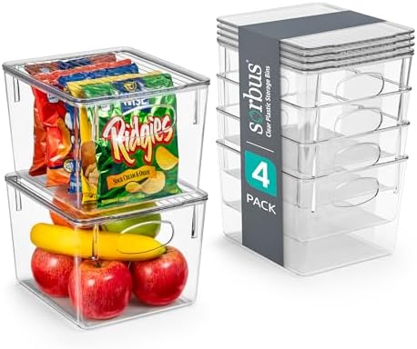 Sorbus Medium Plastic Storage Bins with Lids - Kitchen, Pantry, Refrigerator Organizer Bins - Clear, 4 Pack