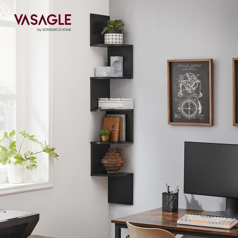 VASAGLE Corner Shelf Wall Mount, 5-Tier Floating Corner Bookshelf