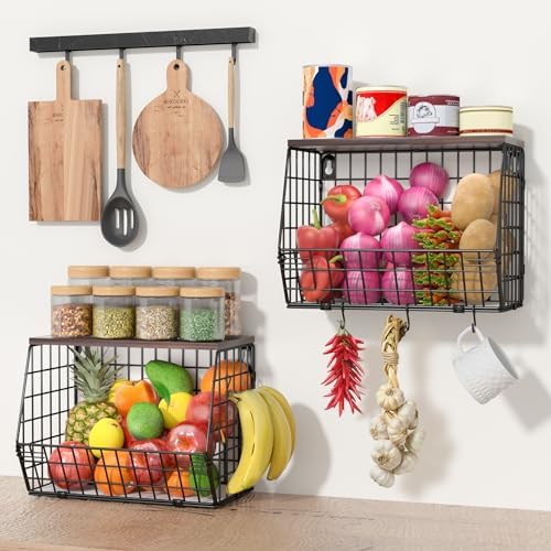 Wawocs Fruit Basket for Kitchen Counter 2 Tier Fruit Bowl, Stackable Wall Mounted Hanging Fruit Basket Wire Baskets with