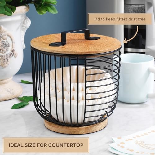Coffee Filter Holder for Counter with Wooden Lid - Round Black Wire Coffee Pod Storage Container Basket for Kitchen Coun