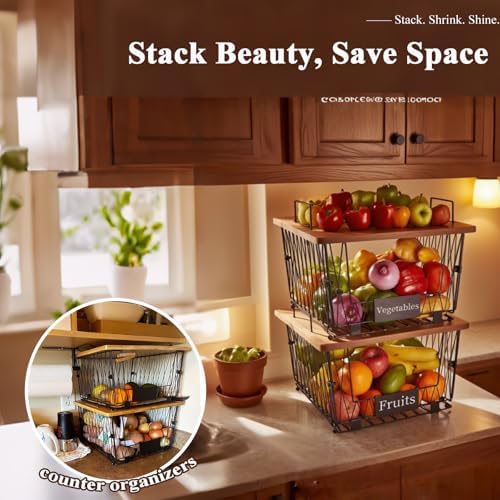 2 Pack Stackable Wire Baskets with Bamboo Lids for Kitchen Pantry Storage