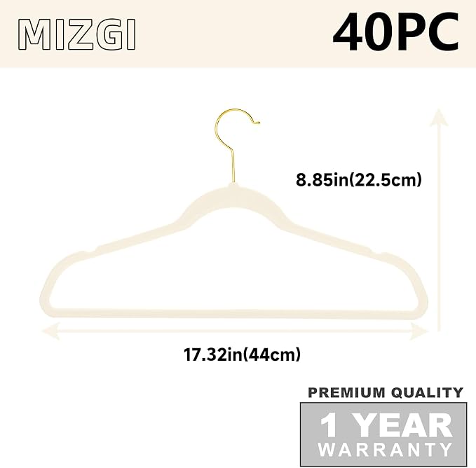 MIZGI Premium Velvet Hangers Pack 40 Pcs Heavy Duty - Non Slip Felt Hangers - Velvet Suit Hangers Ivory with Gold Hooks,Space Saving Clothes Hangers