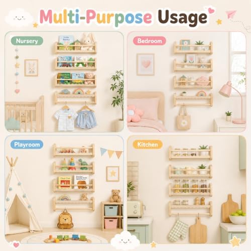 JOLLITO 4-Pack Natural Wood Nursery Floating Shelves with Hanging Rod