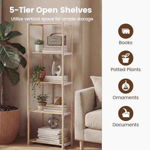 Tangkula 5-Tier Solid Wood Bookshelf, Pine Wood Bookcase with Open Shelves, Floor Standing Storage Organizer, Multi-Func