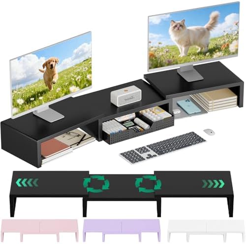 OPNICE Dual Computer Monitor Stand Riser, Desk Organizer with Drawer, Office Desk Accessories & Workspace Organizers for