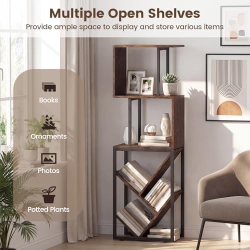 Tangkula 6-Tier Bookshelf, Floor Standing S-Shaped Geometric Bookcase with Open Shelves, Industrial Tree Display Rack St
