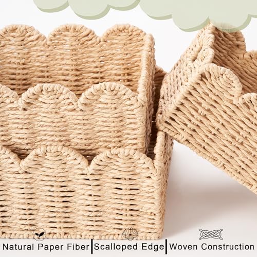 Scalloped Wicker Baskets Set of 3, Hand-Woven Storage with Handles