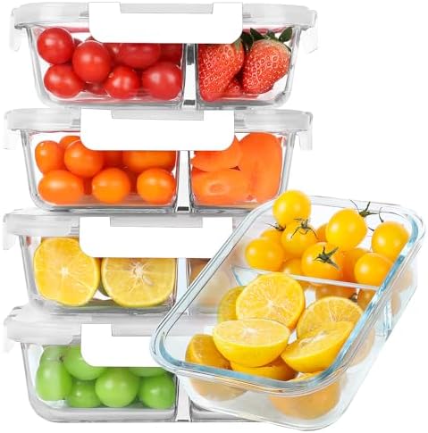 KOMUEE 30 oz 5 Pack Glass Meal Prep Containers 2 Compartments, White