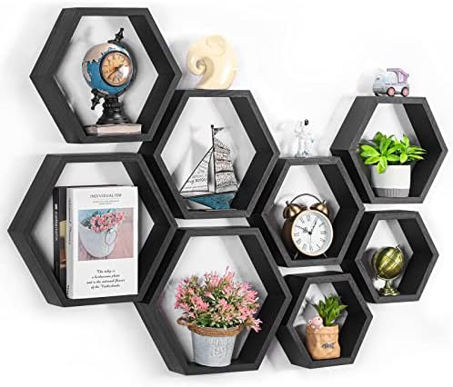 CADUKE Hexagon Floating Shelves Set of 8, Black