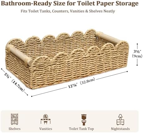 Scalloped Wicker Toilet Paper Storage Basket, Home Decor Baskets,Paper Rope Small Basket,for Over Toilet Storage Shelf, 