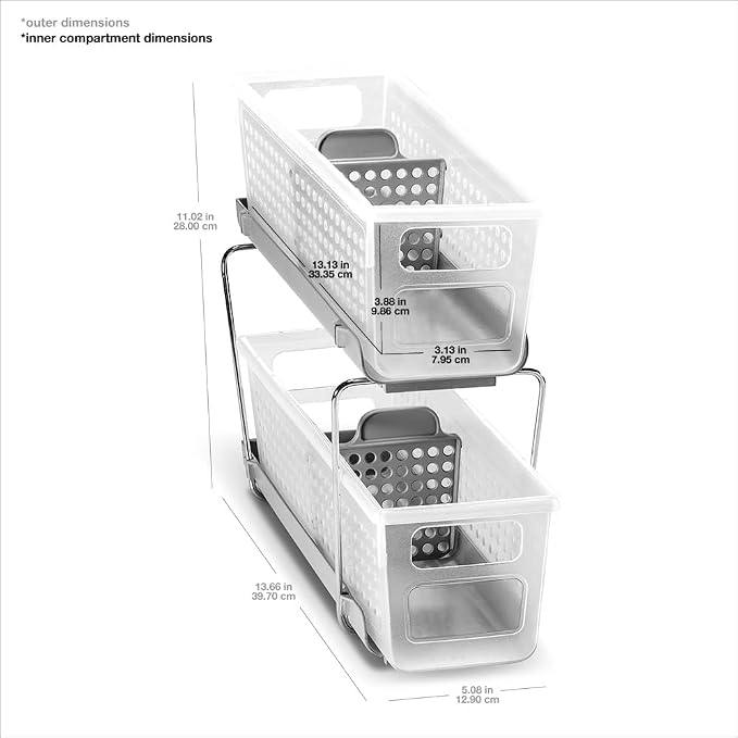 madesmart Mini 2-Tier Organizer, Multi-Purpose Slide-Out Storage with Handles and Dividers for Home and Bath, Frost