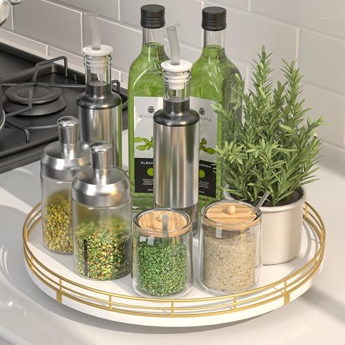Oroyutor 12-Inch White Wooden Lazy Susan Spice Organizer with Gold Rail