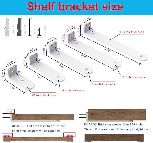 10Inch White Heavy Duty Floating Shelf Bracket 6 Pack 3-Hole Mount