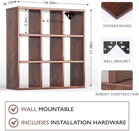 Helsin 9 Grid Vintage Coffee Mug Display Rack, 16inch Wall Mounted Wooden Curio Shadow Box Shelf, Cup Floating Shelves D