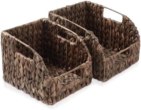 Casafield Set of 2 Water Hyacinth Pantry Baskets with Handles - Espresso, Woven Storage Bin Organizers for Kitchen Shelv