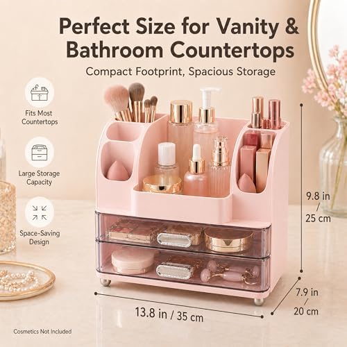 ROOM127 Makeup Organizer for Vanity with 2 Drawers, Cherry Blossom Pink