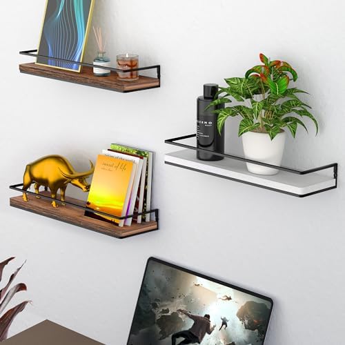 Meangood Floating Shelves Wall Mounted Set of 2, Towel Bar Rustic Wood Wall Storage Shelves for Bedroom,Living Room,Bath