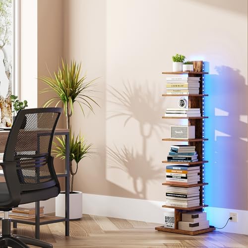 TUTOTAK Book Shelf, Narrow Spine Bookshelf, 8-Tier Bookcase with LED Lights