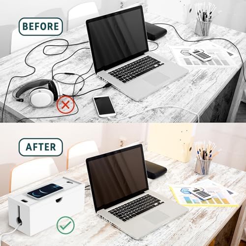Bamboo Cable Management Box, Large Cord Organizer Box Cable Box to Hide Wires & Power Strips for Desktop Storage Cord Ho