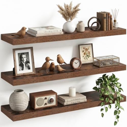 32" Floating Shelves for Wall, Set of 3, 8" Deep, 1.5" Thick, Brown
