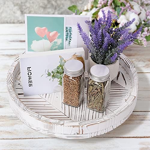 12 Inch Rustic Farmhouse Wood Lazy Susan Turntable for Table, Tomoaza White Herringbone Decorative Turntable Tray, Dinin