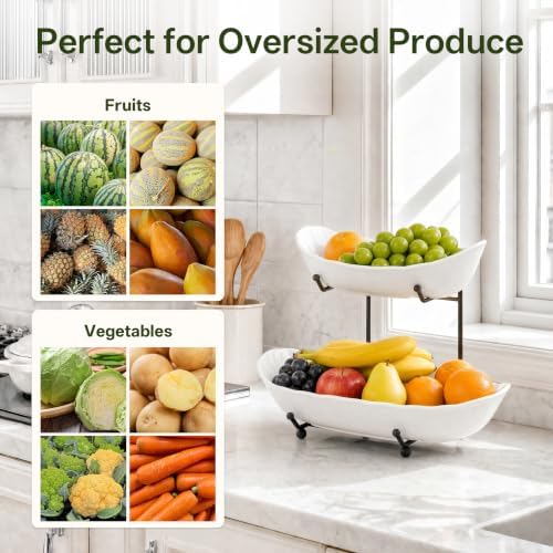 HBlife 2 Tier Large Fruit Bowl, Ceramic Fruit Basket for Kitchen Counter