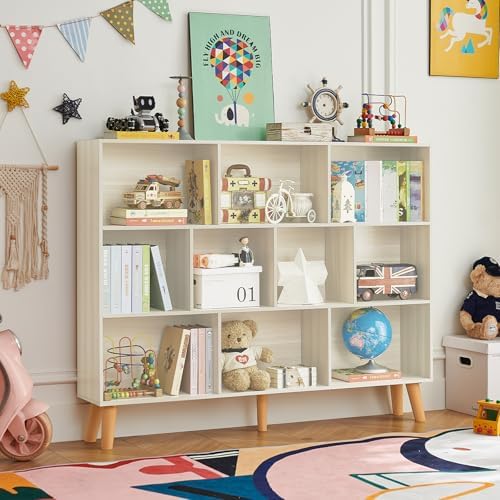 LEYAOYAO 10 Cube Bookshelf,Mid-Century Modern Bookcase with Legs,Light Grey