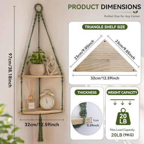 Artilady Corner Shelf Macrame Wall Hanging, Adjust Boho Storage Art, 2 Tier