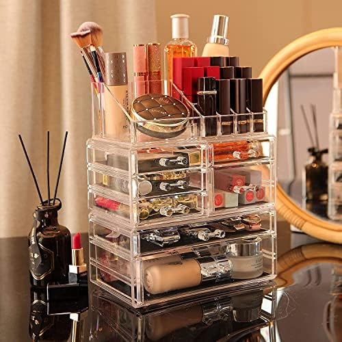 Cq acrylic 3 Pack Clear Skincare Organizer for Vanity, Stackable 7 Drawers Make Up Organizer,Cute Cosmetic Organizer for