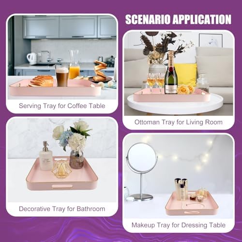 Gifturbo Pink Square Decorative Tray,Serving Tray with Handles with Gold Trimming Plastic Coffee Table Tray for Ottoman,
