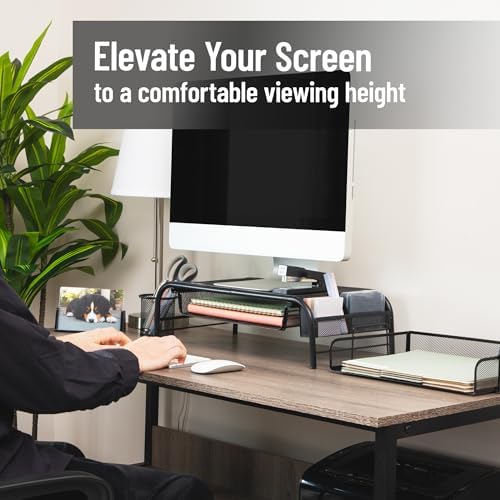 Mind Reader Monitor Stand, Ventilated Laptop Riser, Paper Tray, Storage, Office, Metal Mesh, 20"L x 11.5"W x 5.5"H, Blac