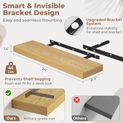 24 Inch Floating Shelves for Wall, 6.5"D Wood Storage Shelves, Oak Finish