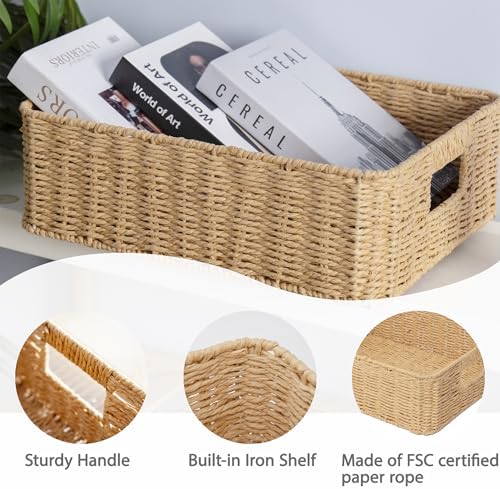Rectangular Woven Paper Rope Storage Baskets for Shelves(Desert)