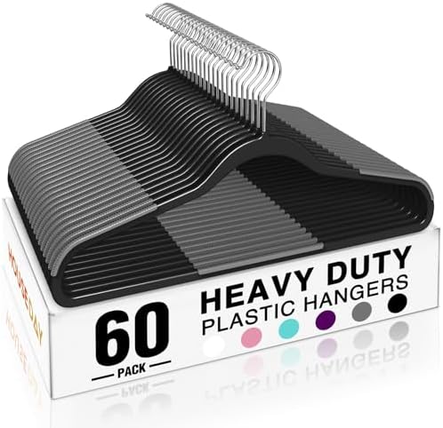 HOUSE DAY Non Slip Plastic Clothes Hangers 60 Pack with Rubber Pads, Black