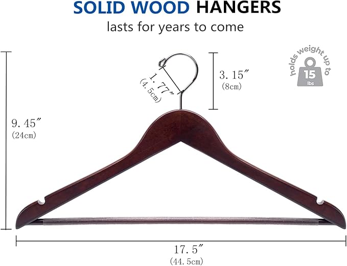 Amber Home 20 Pack Wooden Coat Hangers, Wood Suit Hangers, Walnut | Walnut Wood Suit Hangers with Non-slip Pant Bar, Clothes Hangers for Closet Organization, Shirts, Jackets, Dresses, and Pants