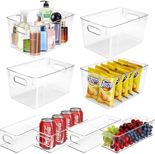 Set of 8 Clear Organizers and Storage Bins, 4 Large and 4 Small Stackable Plastic Storage Containers with Handles for Fr