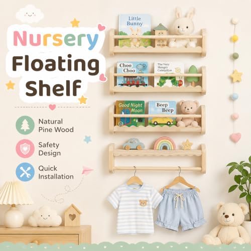 JOLLITO 4-Pack Natural Wood Nursery Floating Shelves with Hanging Rod