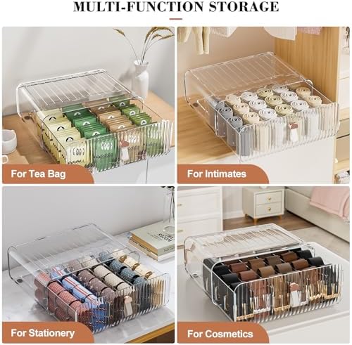 Sock Underwear Drawer Organizer - 24 Compartment Clear Acrylic Storage Bins with Removable Dividers for Closet, Stackabl