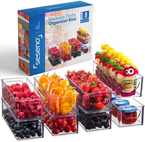 Set Of 8 Refrigerator Organizer Bins - Stackable Fridge Organizers with Cutout Handles for Pantry, Freezer, Kitchen, Cou